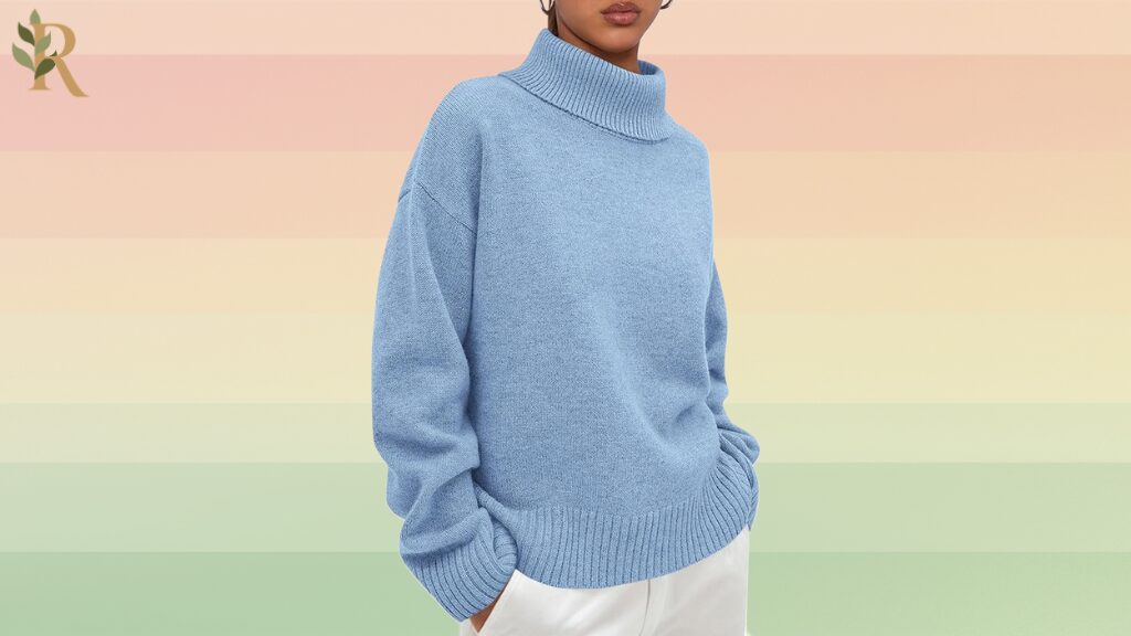 Model wearing a blue turtleneck sweater