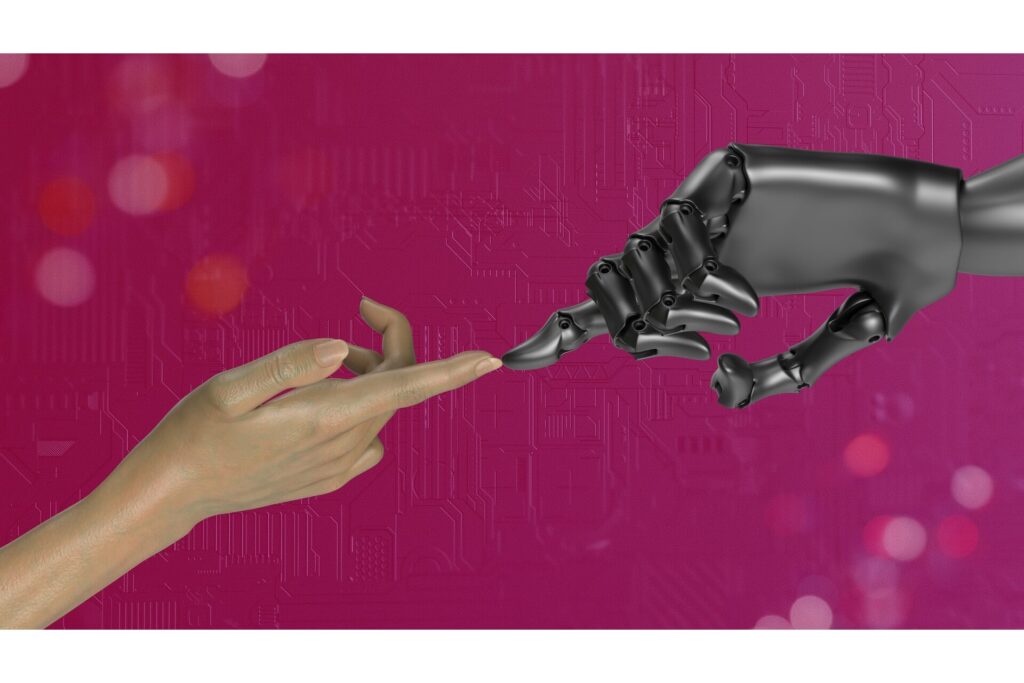 A human hand and a robot hand touching