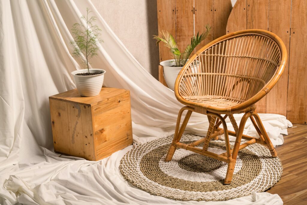 A woven rattan chair sits on a circular jute rug, next to a wooden block table with a potted plant. A white fabric backdrop adds a cozy feel.