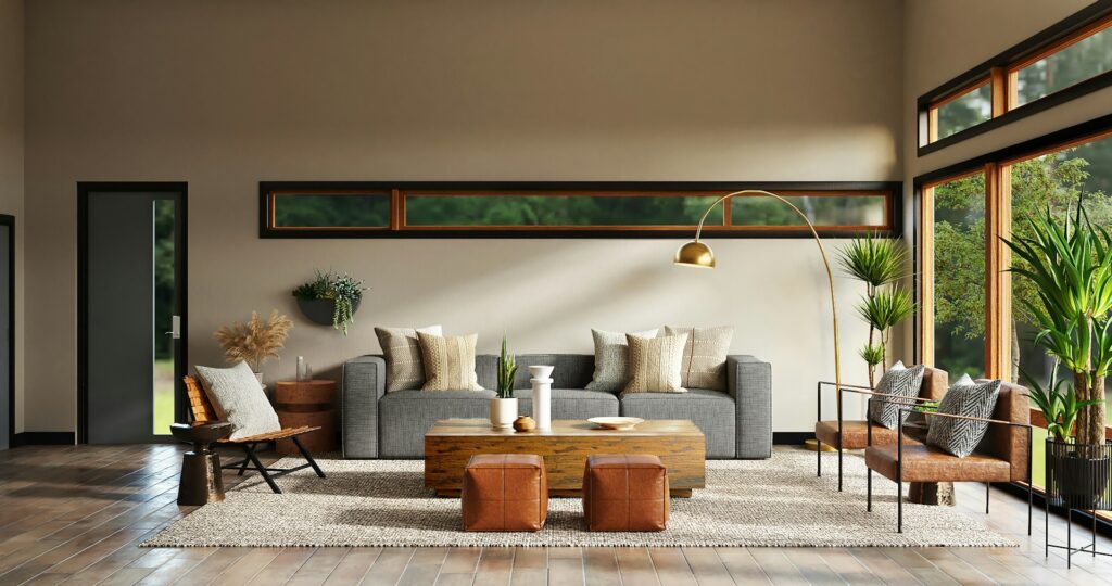A modern living room with a gray sofa, beige throw pillows, and a wooden coffee table. Large windows and plants create a bright, natural setting.