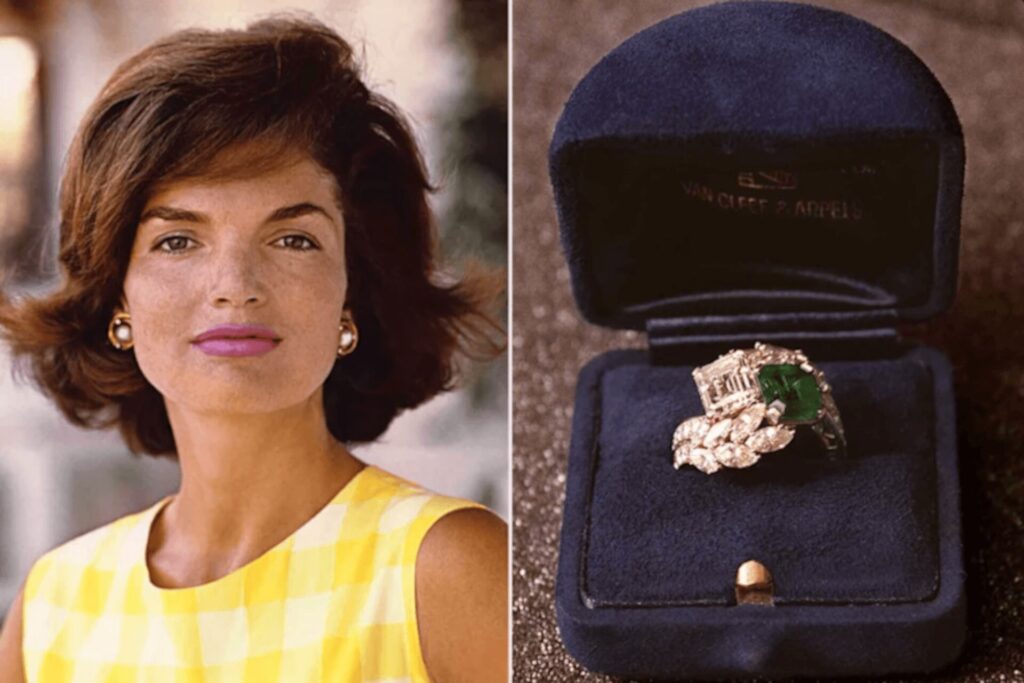 A photo of Jacqueline Kennedy; a close-up of Jacqueline Kennedy's diamond and emerald engagement ring on display at the JKF Library