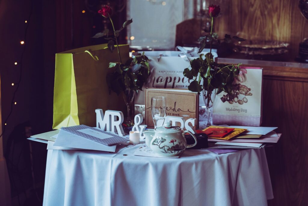 A table of wedding gifts.