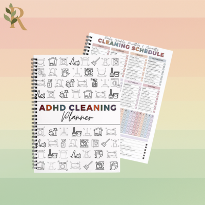 A white notebook with black line drawings of different cleaning supplies, titled "ADHD cleaning planner"