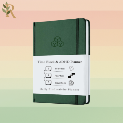 A green notebook titled "time block & adhd planner"