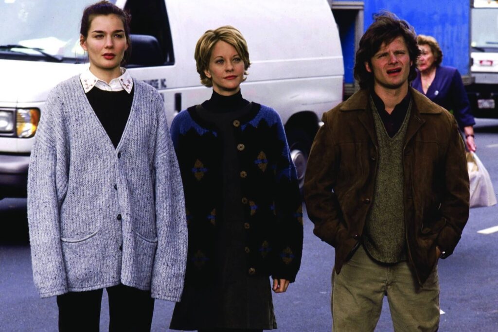 Three characters from You've Got Mail together in a scene from the film