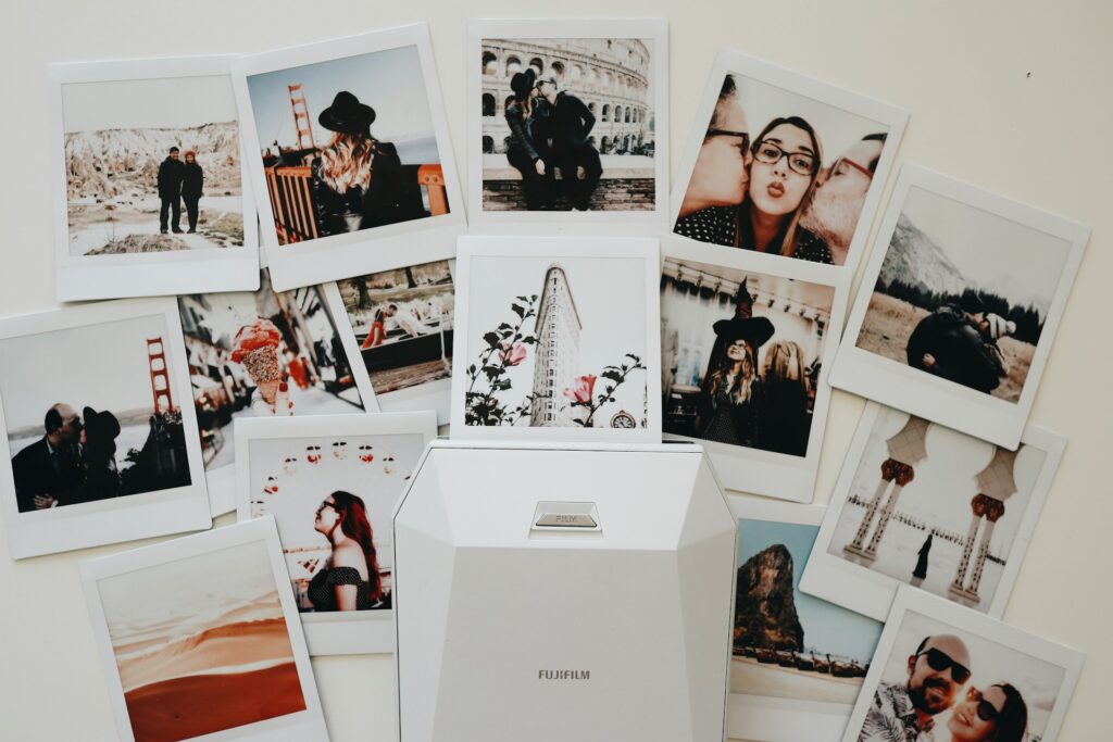 Multiple polaroid images on a white background