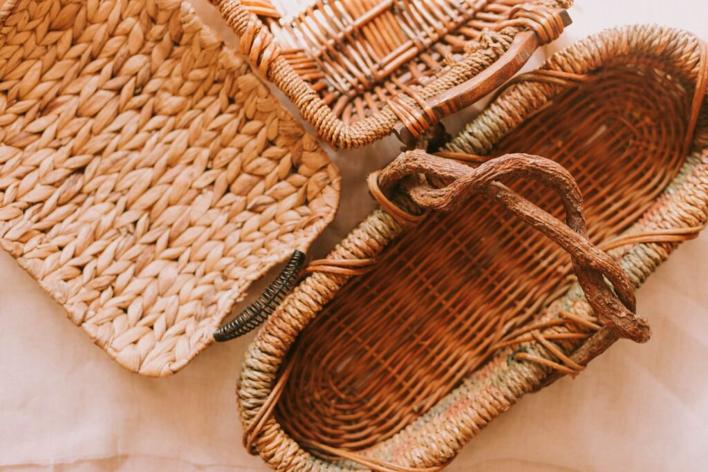 Set of brown wicker baskets used as handmade storage in a modern folklore home