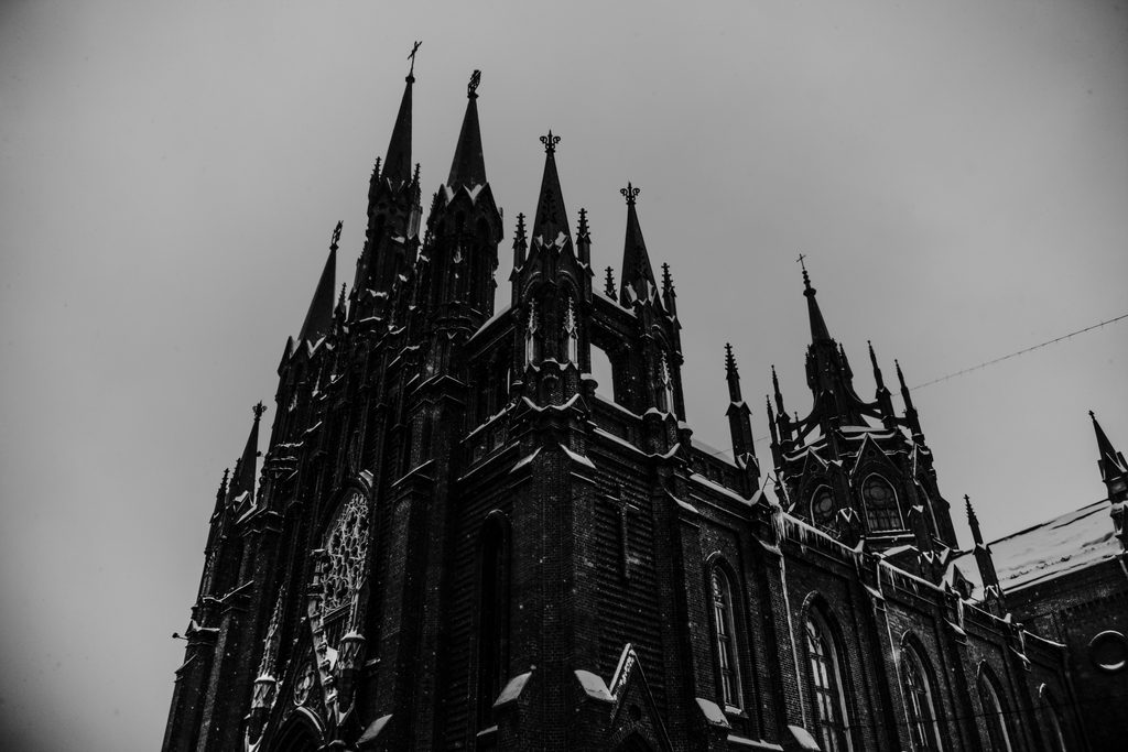 The Cathedral of the Immaculate Conception with snow on roof and spires