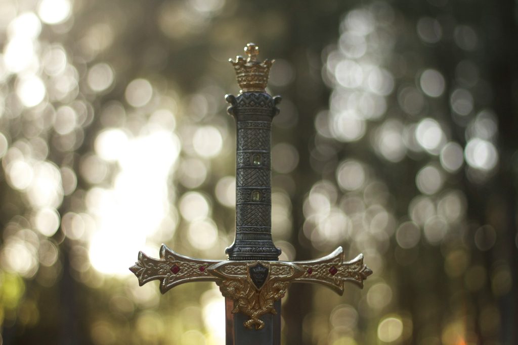 Closeup of intricate gold sword hilt in nature