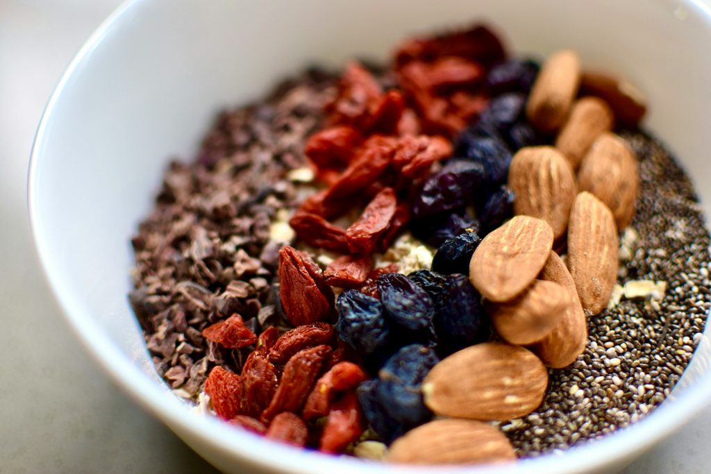 Bowl with grains, dried fruit and nuts