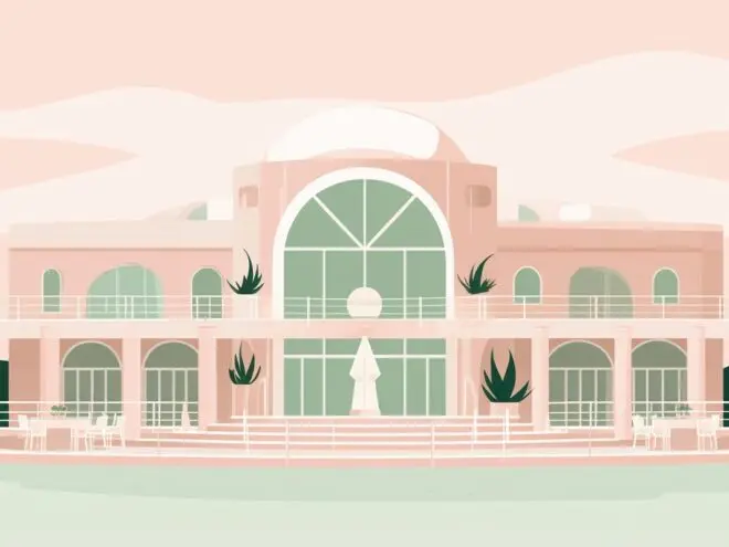A mansion with large windows.