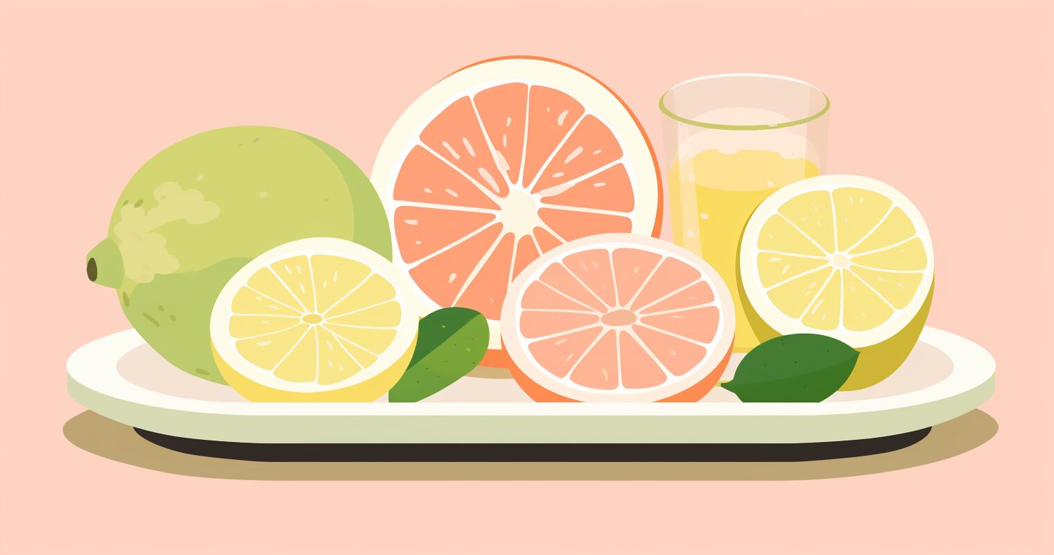 A plate of citrus fruits, including lemons, limes and grapefruit.