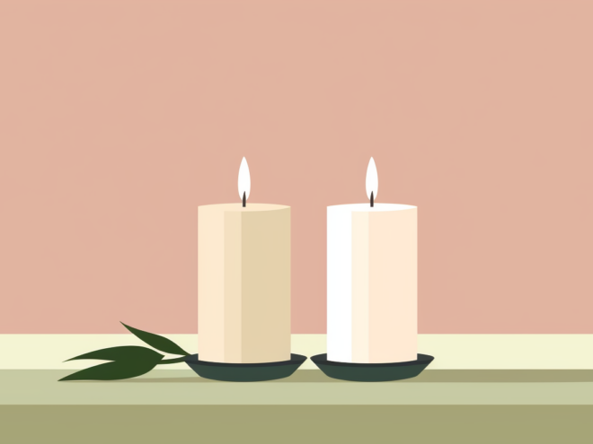 Two candles on a table.