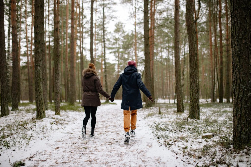 A pictures of a couple walking through a snowy forest. 