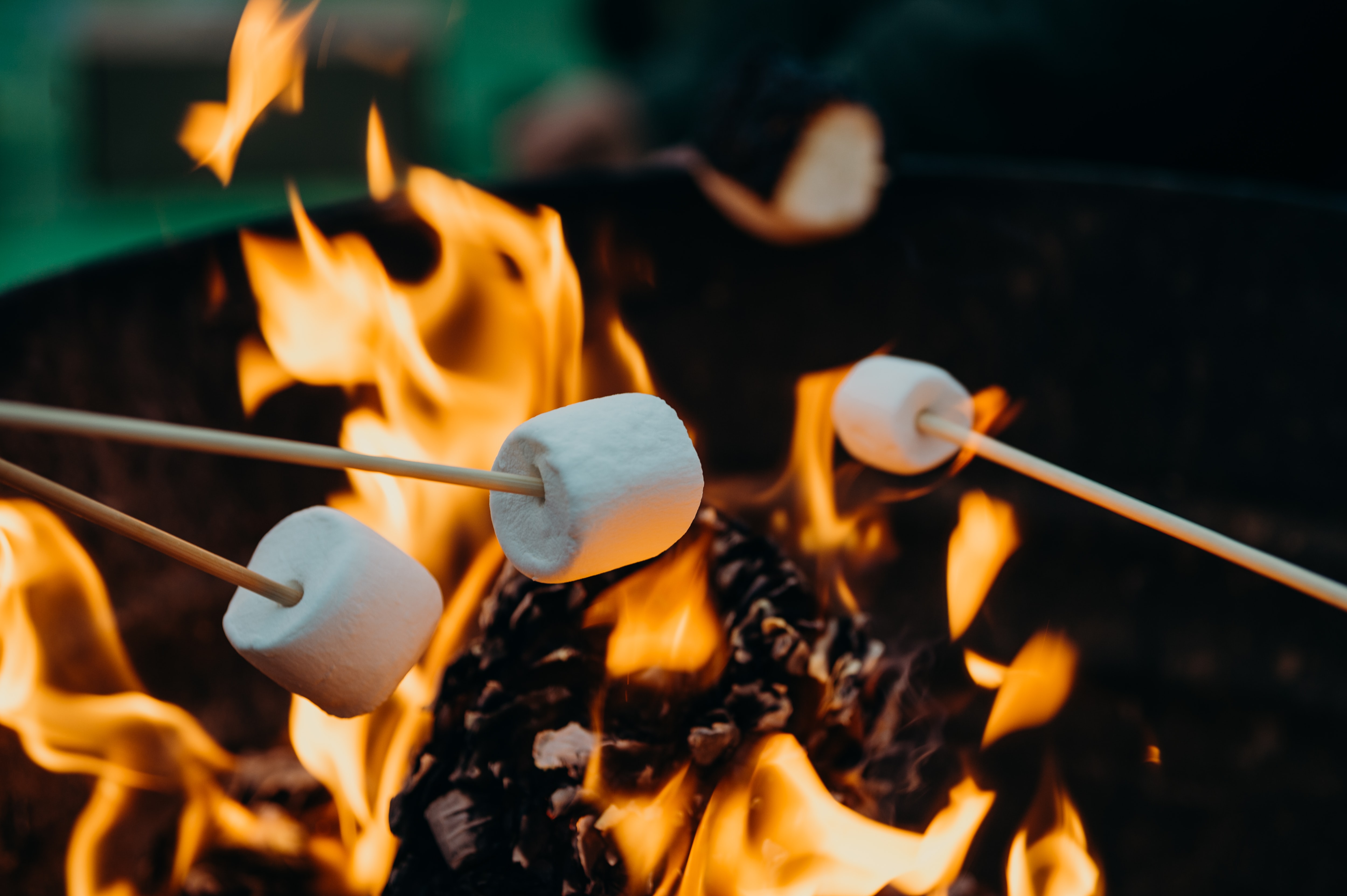 Three marshmallows roast over a fire pit.
