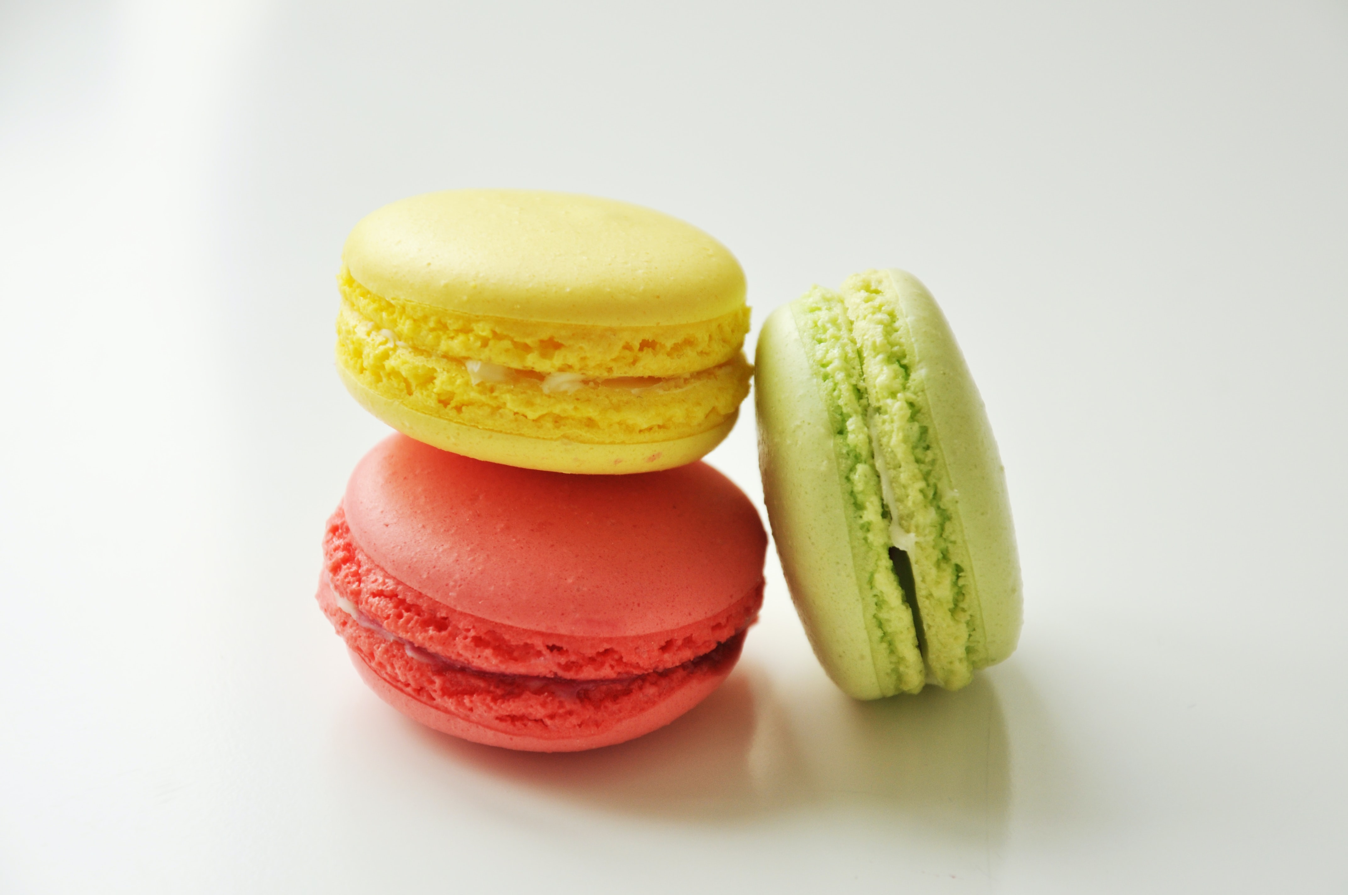 Red, yellow and green macarons.