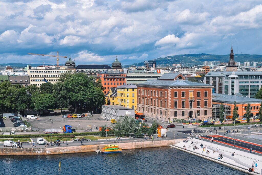 A view of buildings and mountains in Oslo, Norway. 