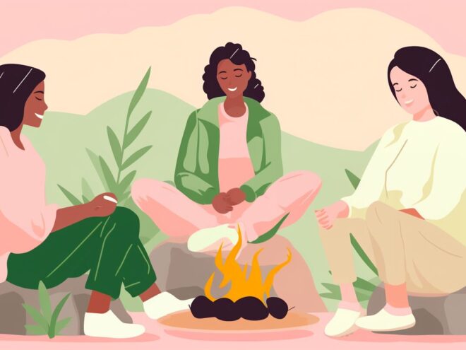 A group of women sit around a campfire.