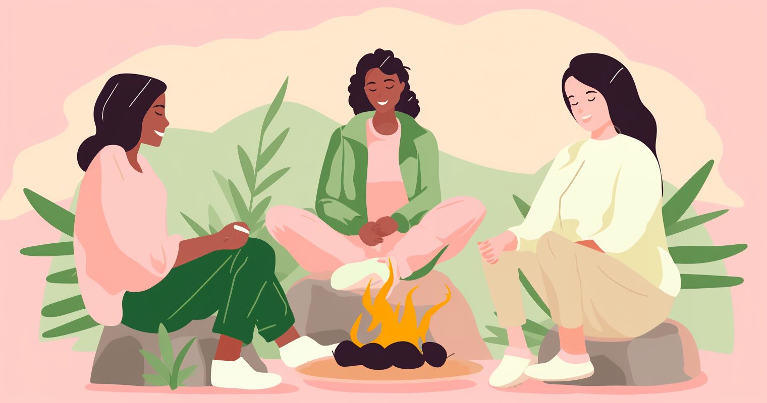 A group of women sit around a campfire.