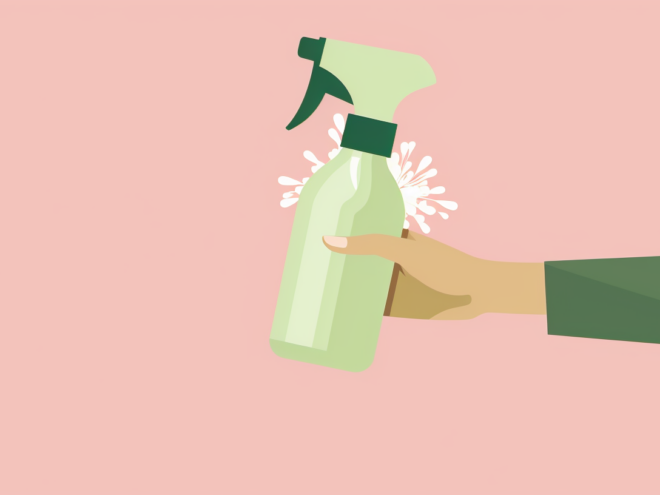 A hand holds a green spray bottle.