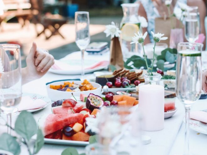 an engagement party buffet with guests