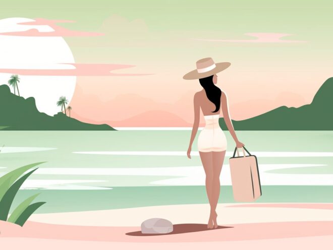 A woman at the beach holding a beach bag.