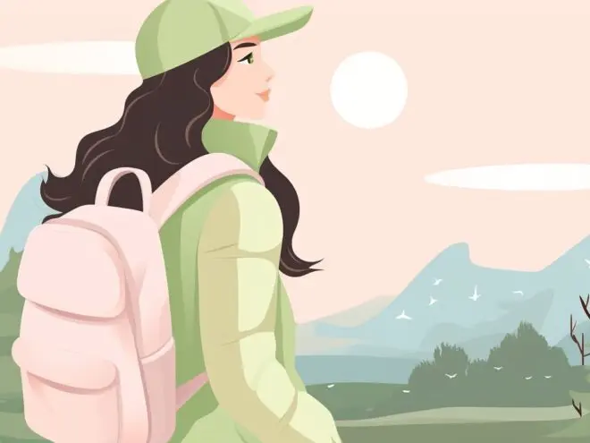 A woman wearing a backpack hiking through a forest.