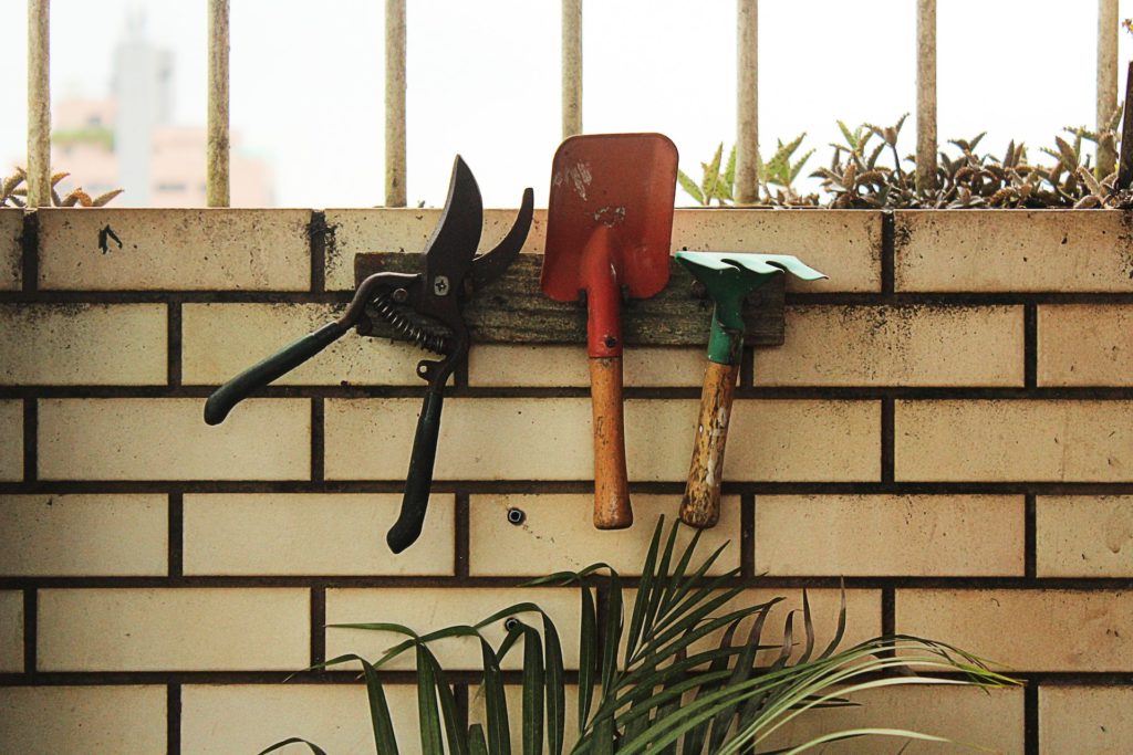 Garden tools hang on a wall. 
