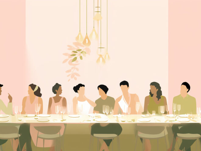 Guests sit at a dinner table.
