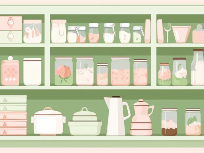 A pantry organized with food containers.