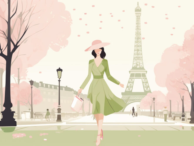 A woman wearing a green dress and a pink hat walks with the Eiffel Tower in the background.