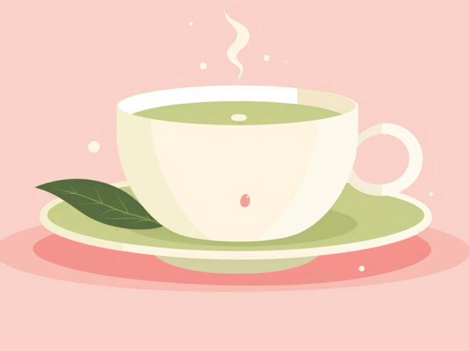 A mug of green tea sits on a saucer.