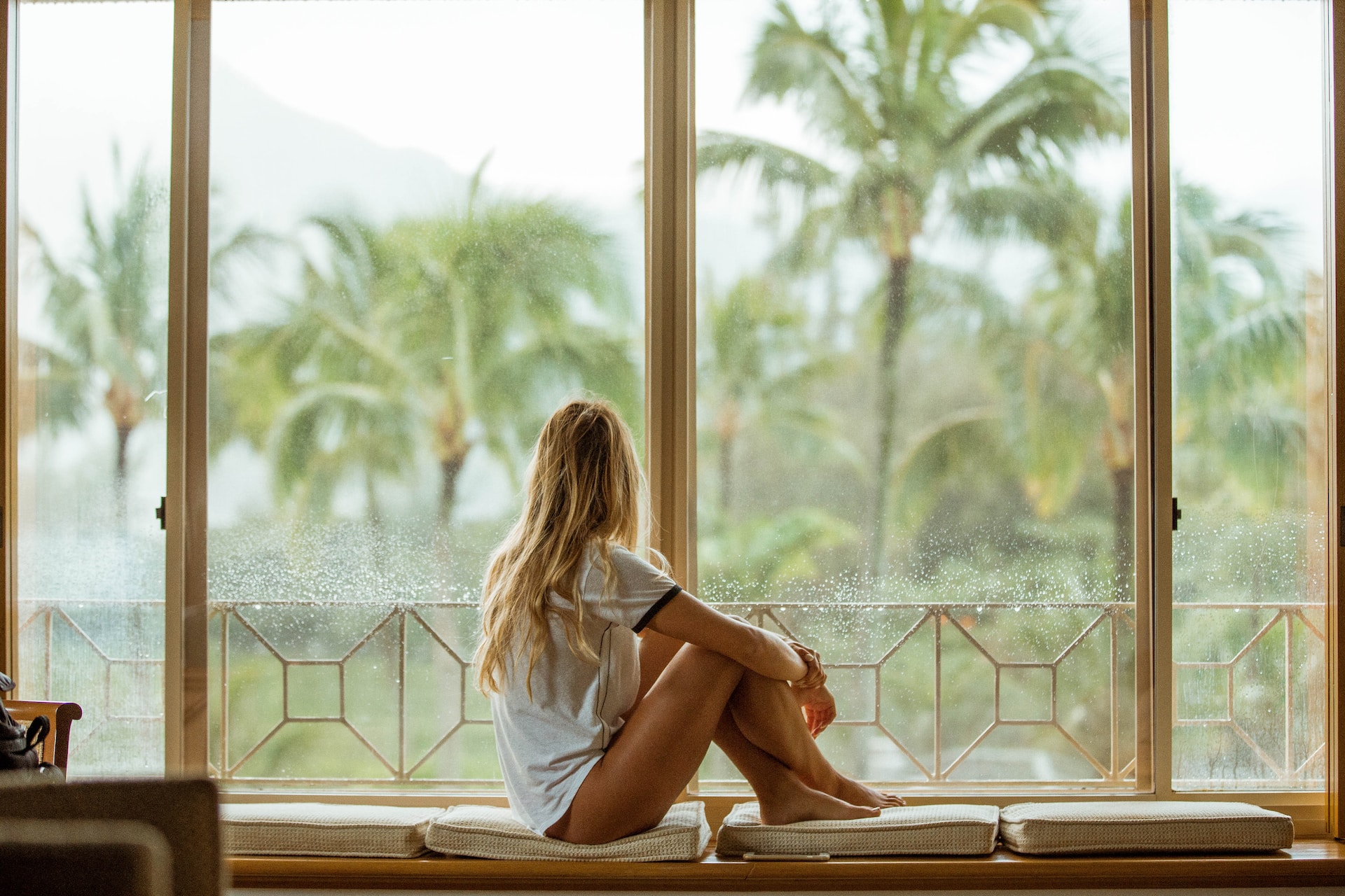 A woman sits in front of a window looking at palm trees.
