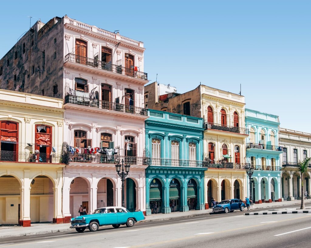 Colorful buildings on a street in Havana, Cuba.