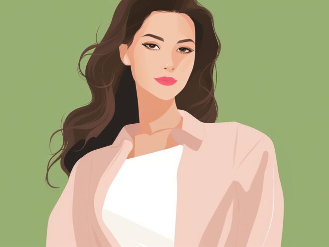 A woman wearing a white t-shirt and pink button-down.