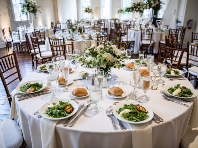 a wedding reception table with basic salad because the host new how to come in below the average cost of wedding food