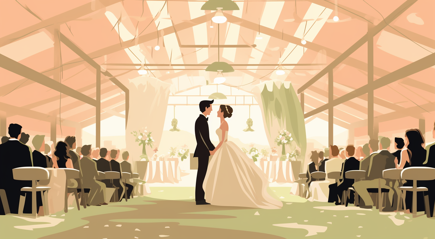A bride and groom getting married in a barn.