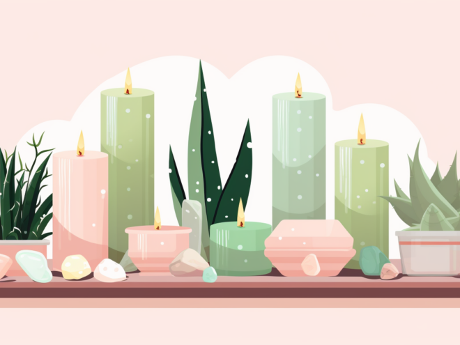 An illustrated image of a tray full of candles, plants, and crystals