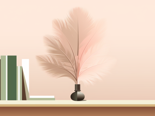 An abstract illustrated image of a shelf with some books and a vase full of feathers