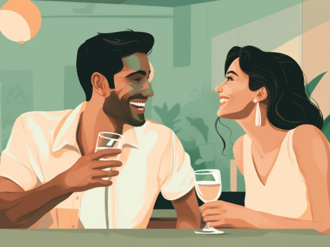 An illustrated photo of a man and a woman sitting at a bar together smiling at each other over drinks.