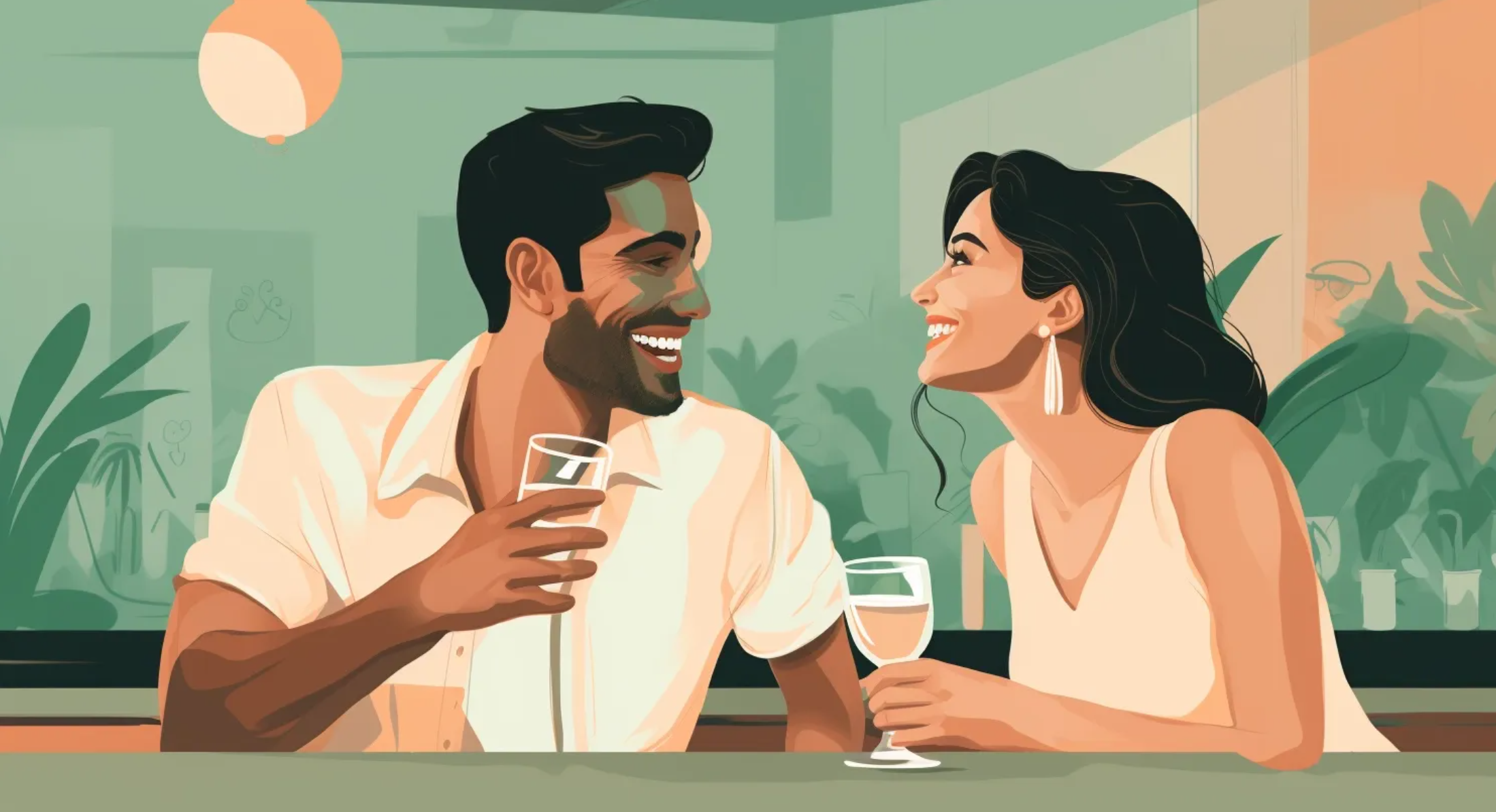 An illustrated photo of a man and a woman sitting at a bar together smiling at each other over drinks.