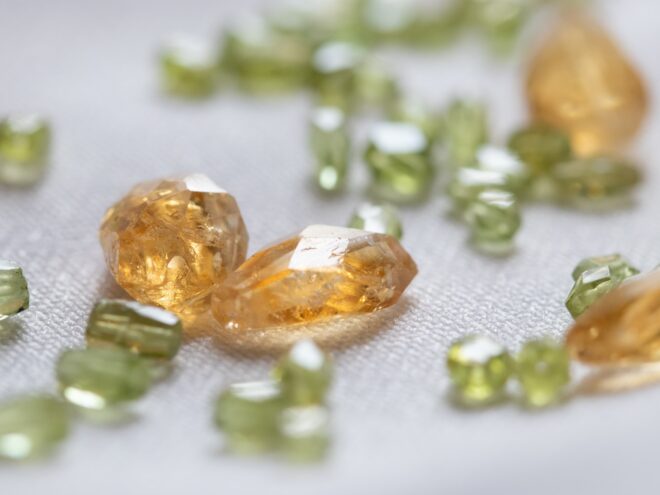 What is your birthstone? Here you see golden topaz and peridot.