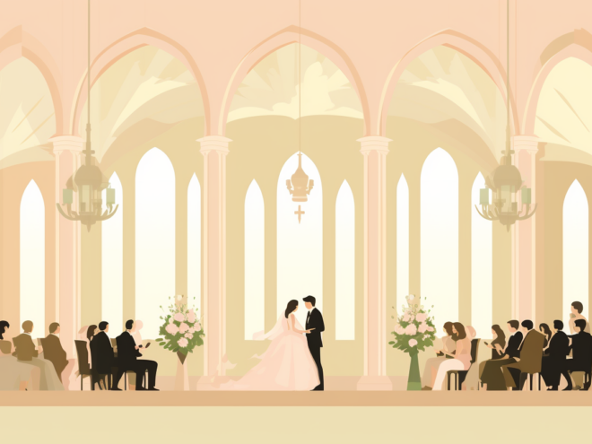 A bride and groom stand at the altar in a church while guests sit in pews.