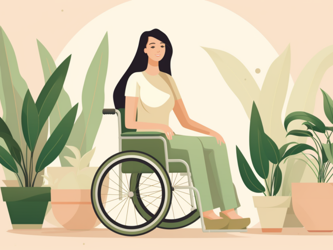 An illustrated image of a woman with long dark hair in a wheelchair surrounded by several potted plants
