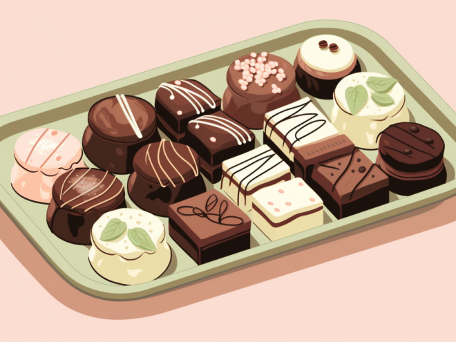 A pink background with a green tray filled with a varieties of chocolates