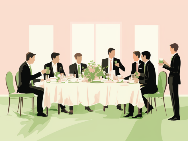 Groomsmen sitting at a table at a wedding reception