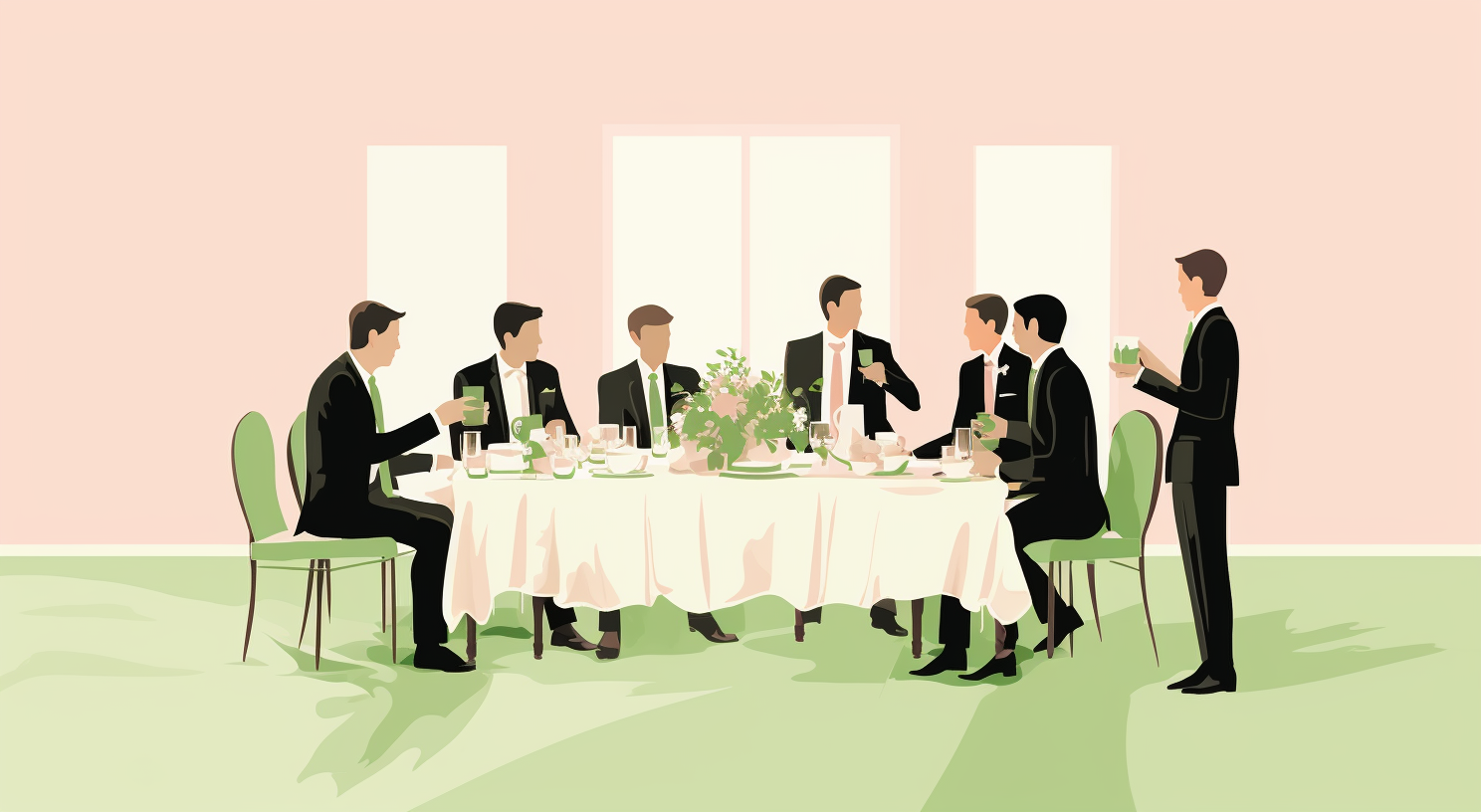 Groomsmen sitting at a table at a wedding reception