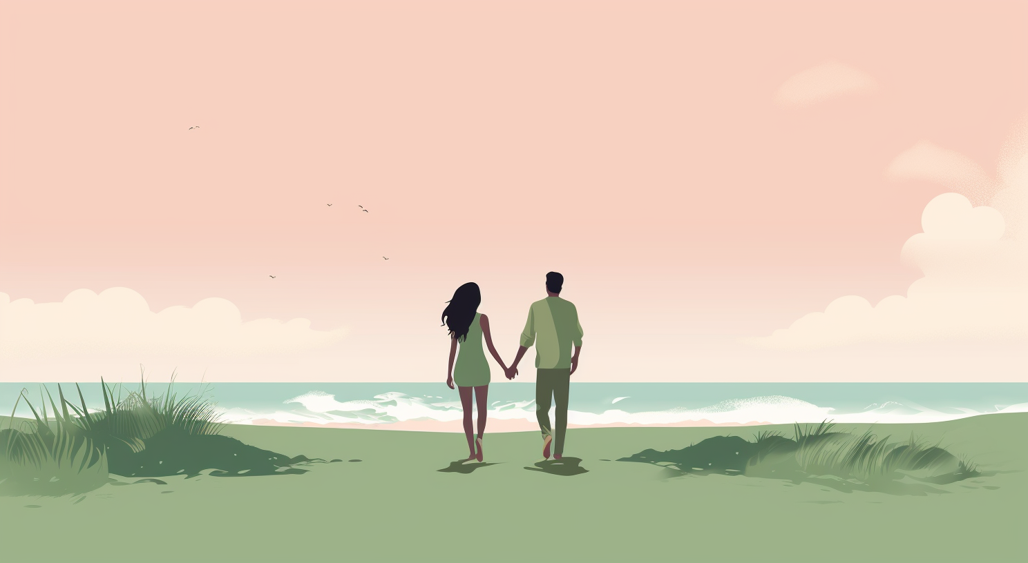 A man and woman hold hands on the beach.