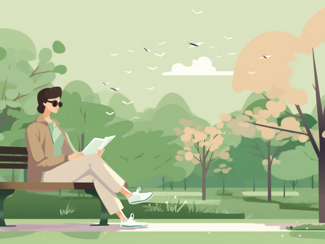 a non binary person reading a book on a bench in a park