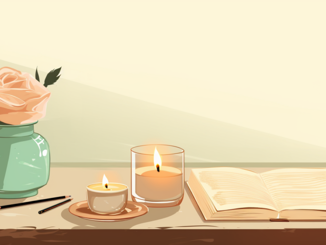 A tan desk with a journal, pencils, a teal vase of pink flowers, and two candles burning